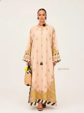 YEZWE Modest Jalabiya Maxi Dress in Soft Beige with Floral Accents and Bell Sleeves